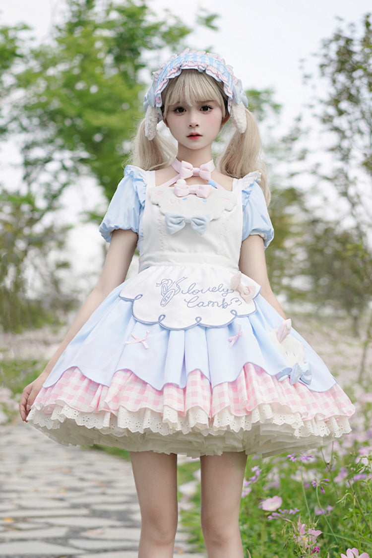 Lolita Jumper Skirt - Lamb Story, 2 Colors, Puff Sleeves, Plaid, Sweet Style - additional product view 7