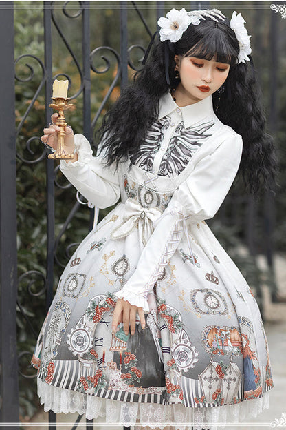 Lolita Jumper Skirt - Lapel Collar Fairy Tale, Black, Gothic Style, Printed, Long Sleeves - additional product view 2
