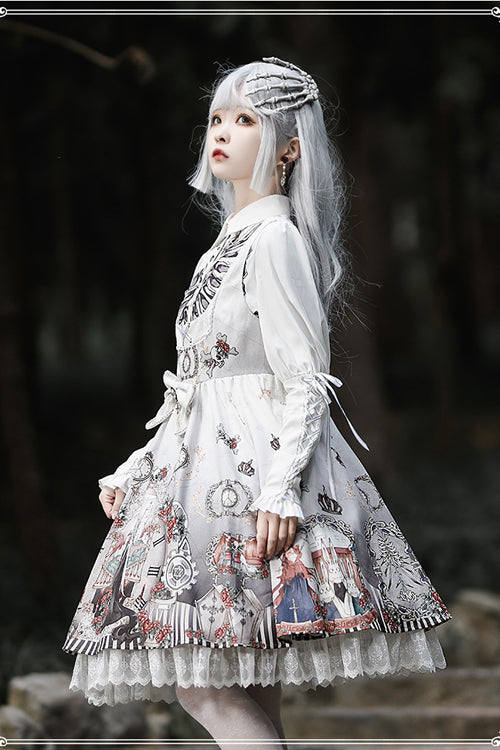 Lolita Jumper Skirt - Lapel Collar Fairy Tale, Black, Gothic Style, Printed, Long Sleeves - additional product view 3