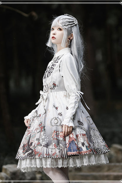 Lolita Jumper Skirt - Lapel Collar Fairy Tale, Black, Gothic Style, Printed, Long Sleeves - additional product view 3