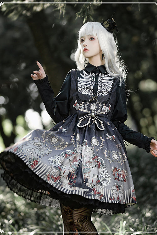 Lolita Jumper Skirt - Lapel Collar Fairy Tale, Black, Gothic Style, Printed, Long Sleeves - additional product view 5