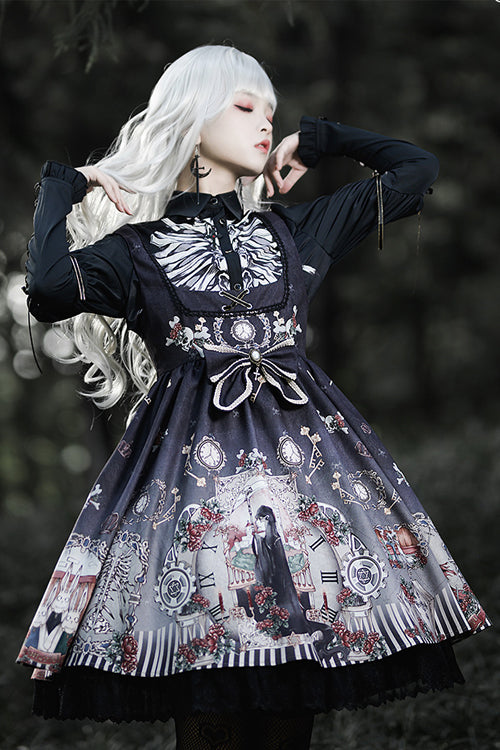 Lolita Jumper Skirt - Lapel Collar Fairy Tale, Black, Gothic Style, Printed, Long Sleeves - additional product view 6