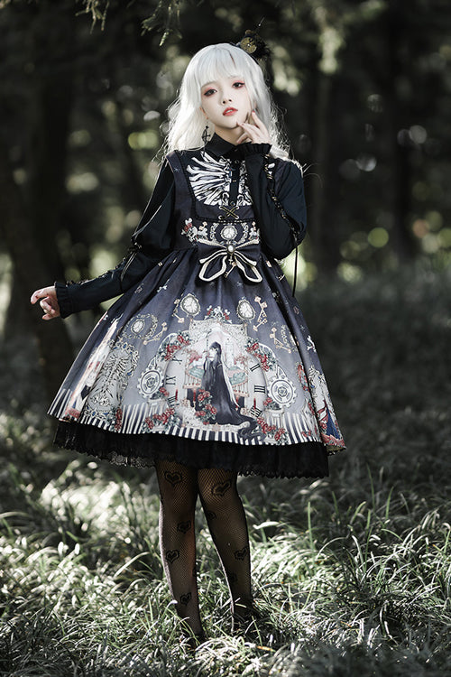 Lolita Jumper Skirt - Lapel Collar Fairy Tale, Black, Gothic Style, Printed, Long Sleeves - S Black / M Black / L Black option