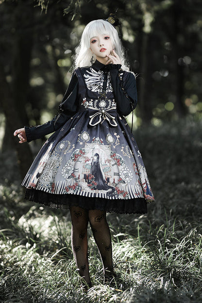 Lolita Jumper Skirt - Lapel Collar Fairy Tale, Black, Gothic Style, Printed, Long Sleeves - S Black / M Black / L Black option