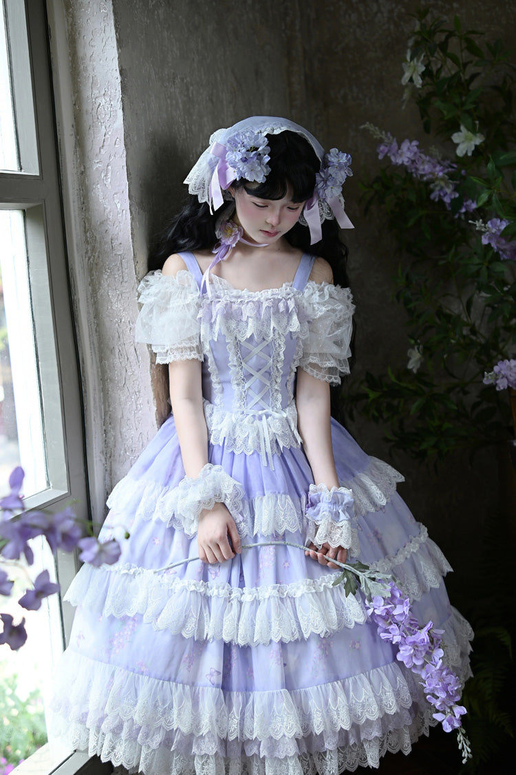 Lolita Jumper Skirt - Lavender, Purple, Printed, Layered, Lace-Up - additional product view 3
