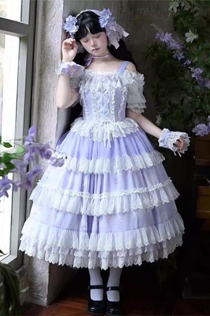 Lolita Jumper Skirt - Lavender, Purple, Printed, Layered, Lace-Up - main product image