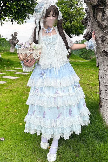 Lolita Jumper Skirt - Lavender, Purple, Printed, Layered, Lace-Up - S Blue / M Blue / L Blue option