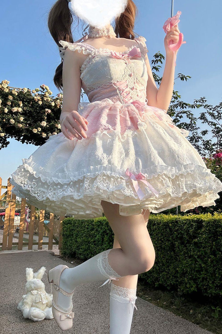 Lolita Jumper Skirt - Leiffu, Pink, Lace Trim, Ruffled, Lace-Up - additional product view 2