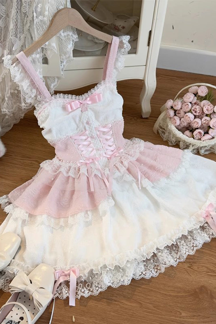 Lolita Jumper Skirt - Leiffu, Pink, Lace Trim, Ruffled, Lace-Up - additional product view 3