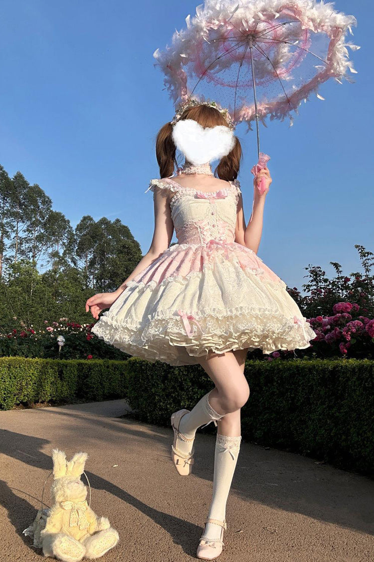 Lolita Jumper Skirt - Leiffu, Pink, Lace Trim, Ruffled, Lace-Up - additional product view 4