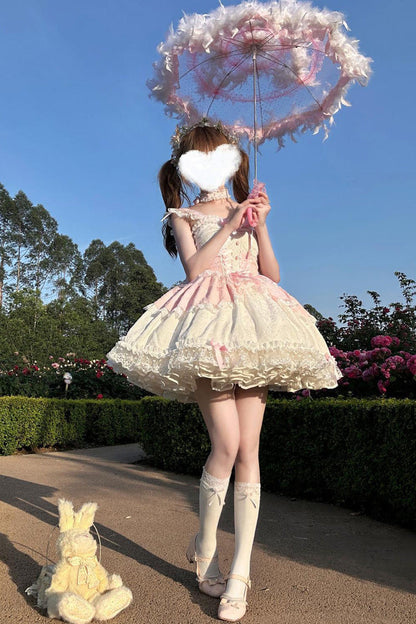 Lolita Jumper Skirt - Leiffu, Pink, Lace Trim, Ruffled, Lace-Up - additional product view 5