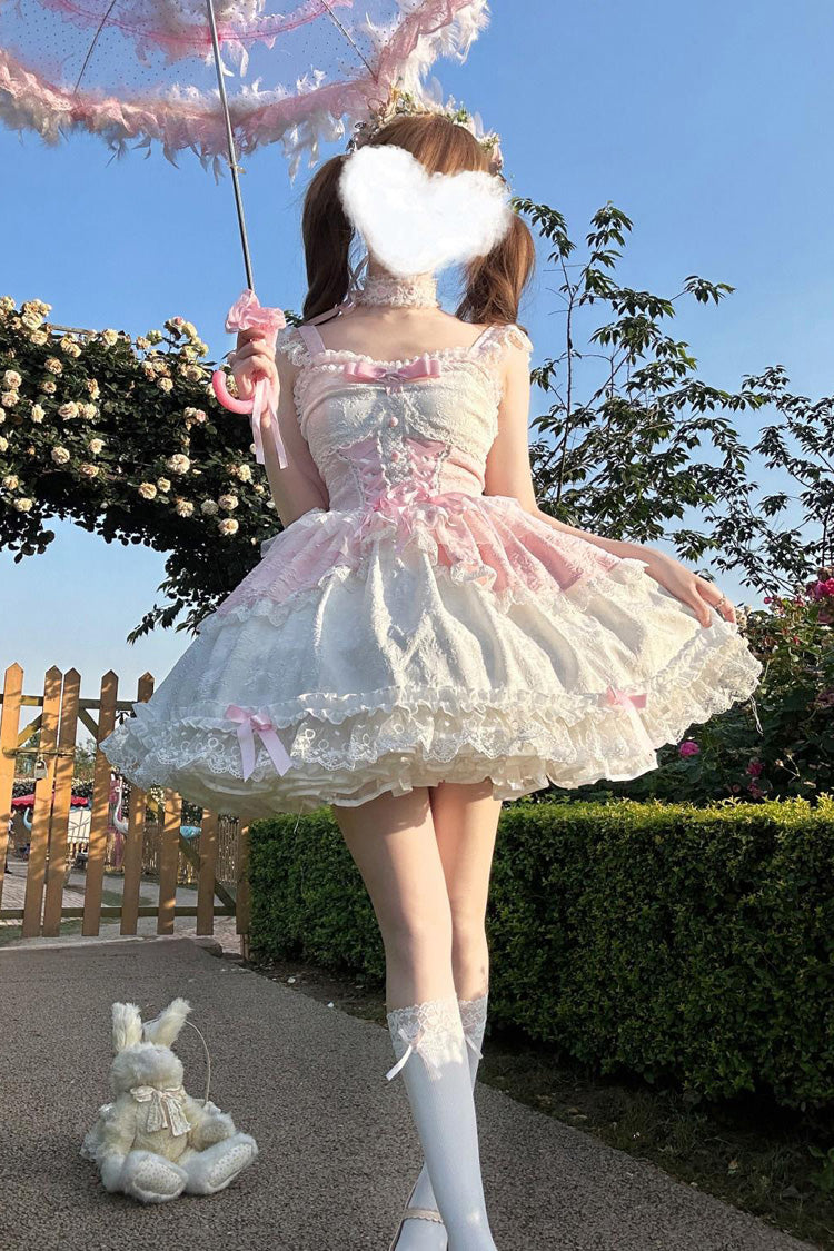 Lolita Jumper Skirt - Leiffu, Pink, Lace Trim, Ruffled, Lace-Up - main product image