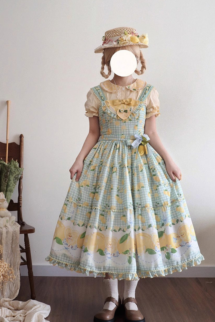 Lolita Jumper Skirt - Lemon Chicken, Green, Long Length, Bow Detail, Lace Trim - additional product view 3