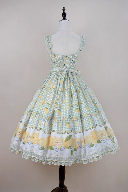 Lolita Jumper Skirt - Lemon Chicken, Green, Long Length, Bow Detail, Lace Trim - additional product view 4