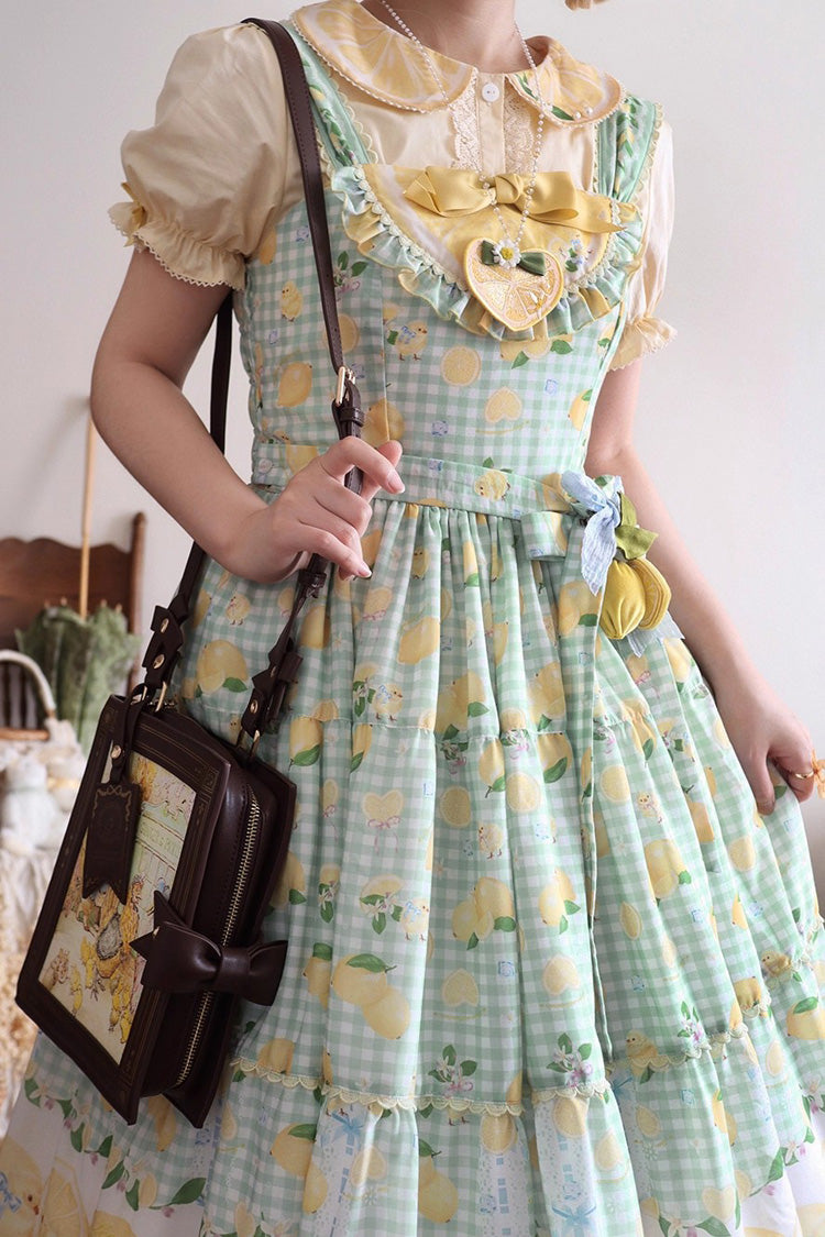 Lolita Jumper Skirt - Lemon Chicken, Green, Long Length, Bow Detail, Lace Trim - additional product view 5