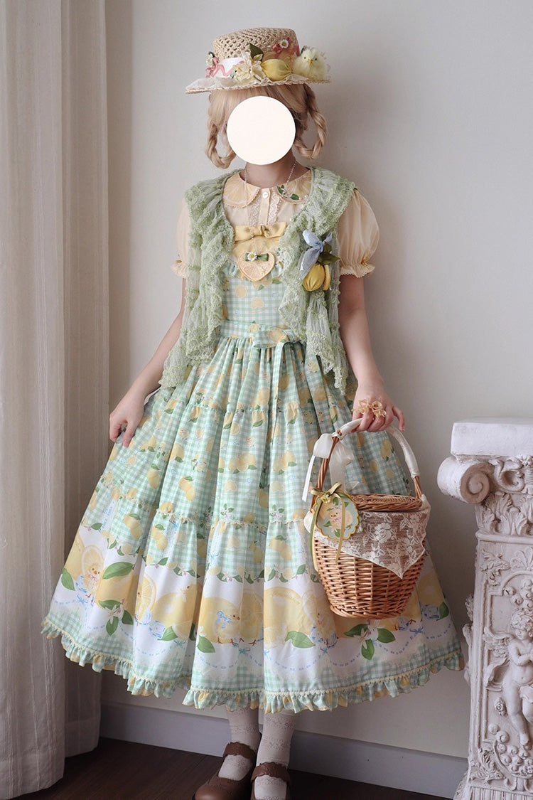 Lolita Jumper Skirt - Lemon Chicken, Green, Long Length, Bow Detail, Lace Trim - additional product view 6