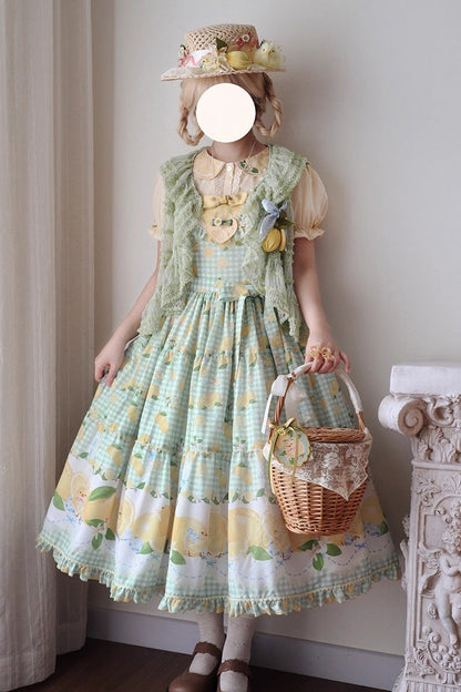 Lolita Jumper Skirt - Lemon Chicken, Green, Long Length, Bow Detail, Lace Trim - additional product view 6