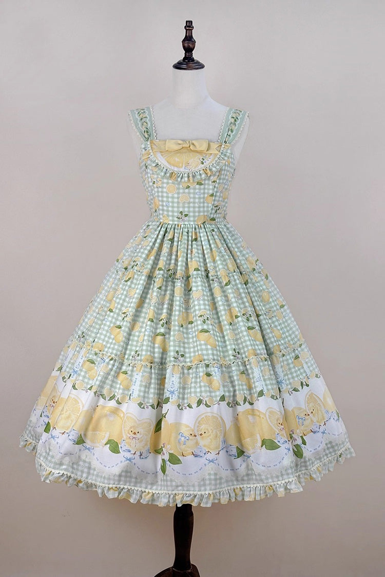 Lolita Jumper Skirt - Lemon Chicken, Green, Long Length, Bow Detail, Lace Trim - main product image