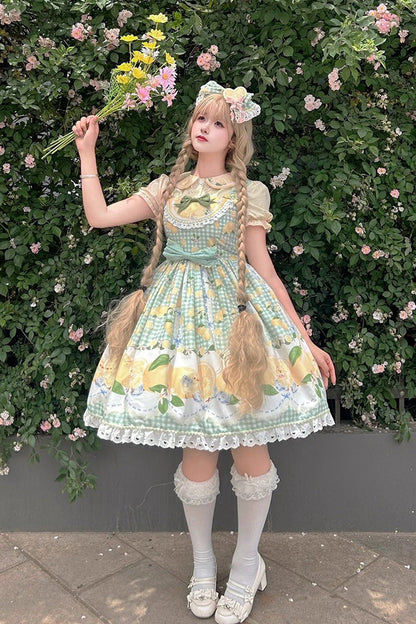 Lolita Jumper Skirt - Lemon Chicken, Green, Printed, Sweet Style, Bow Detail - additional product view 2