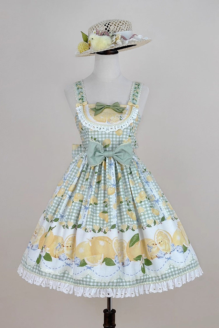 Lolita Jumper Skirt - Lemon Chicken, Green, Printed, Sweet Style, Bow Detail - additional product view 3