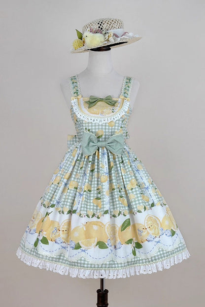Lolita Jumper Skirt - Lemon Chicken, Green, Printed, Sweet Style, Bow Detail - additional product view 3