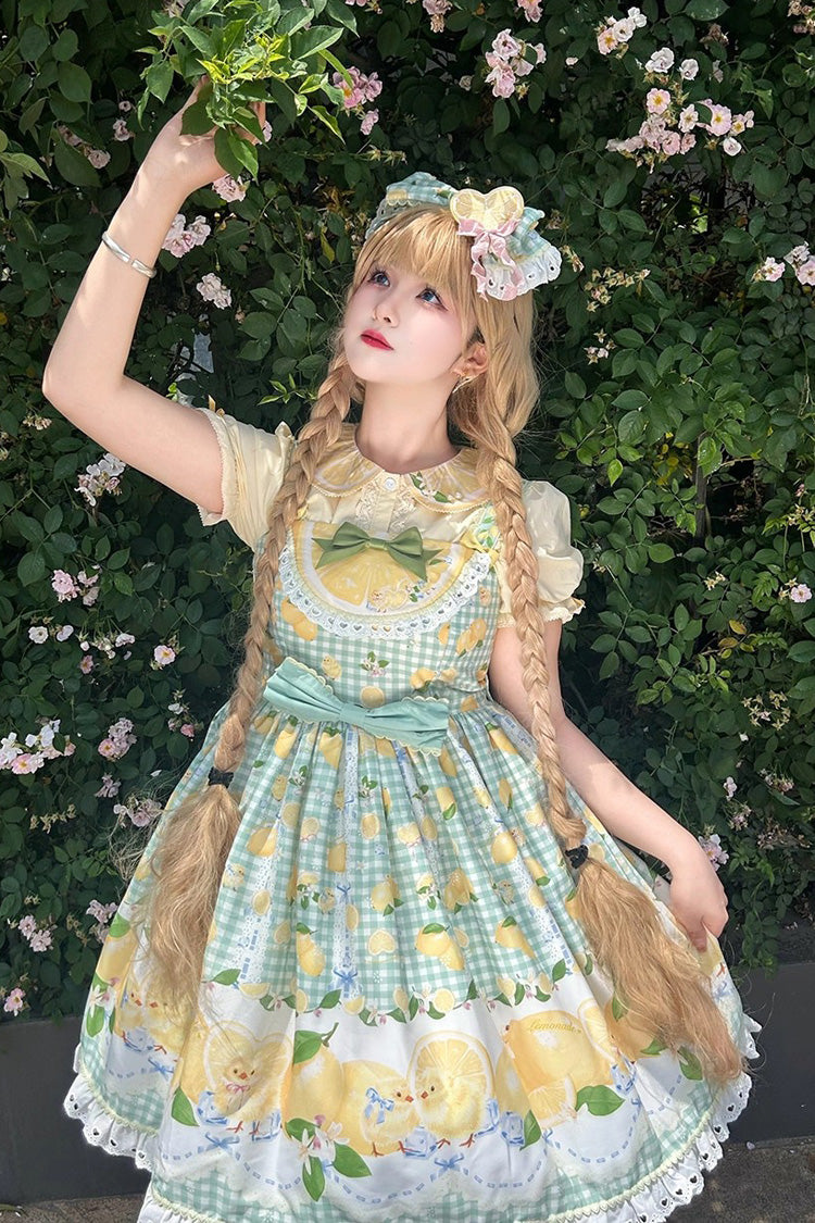 Lolita Jumper Skirt - Lemon Chicken, Green, Printed, Sweet Style, Bow Detail - additional product view 4
