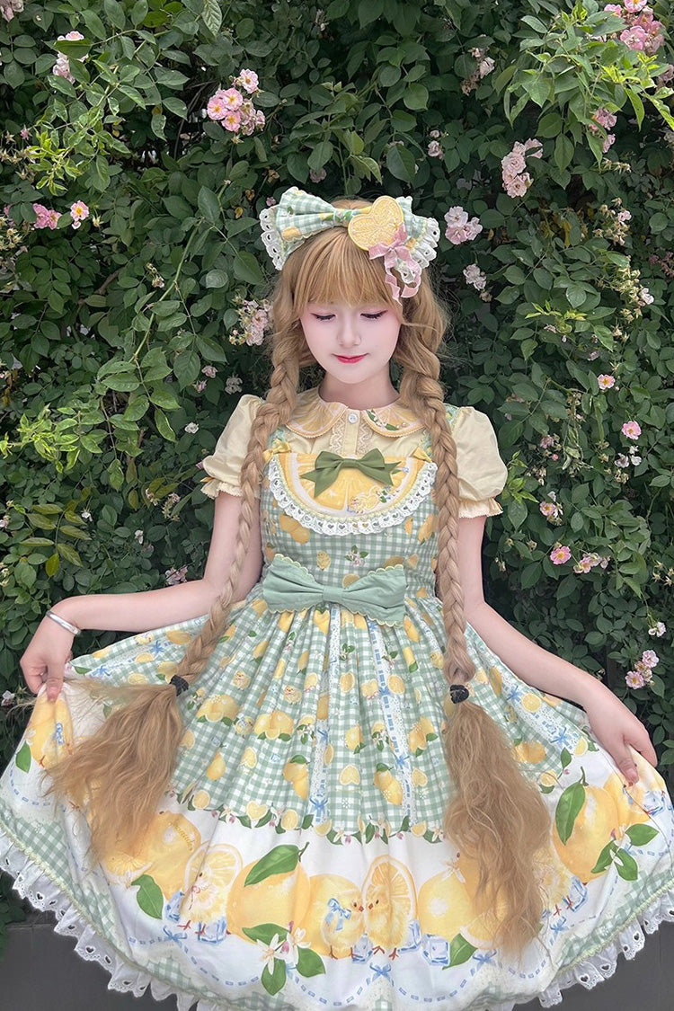 Lolita Jumper Skirt - Lemon Chicken, Green, Printed, Sweet Style, Bow Detail - additional product view 5