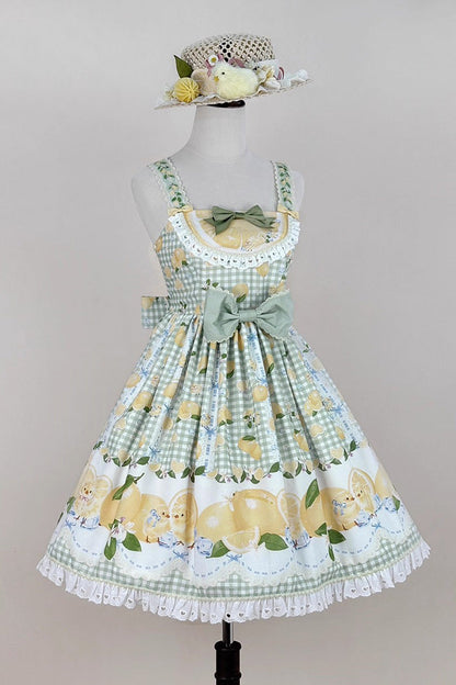 Lolita Jumper Skirt - Lemon Chicken, Green, Printed, Sweet Style, Bow Detail - additional product view 6