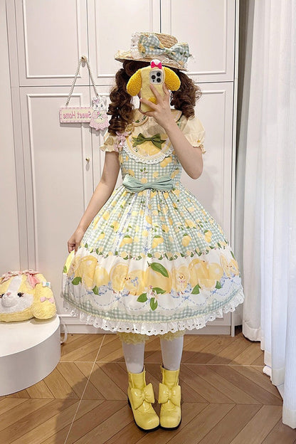 Lolita Jumper Skirt - Lemon Chicken, Green, Printed, Sweet Style, Bow Detail - additional product view 10
