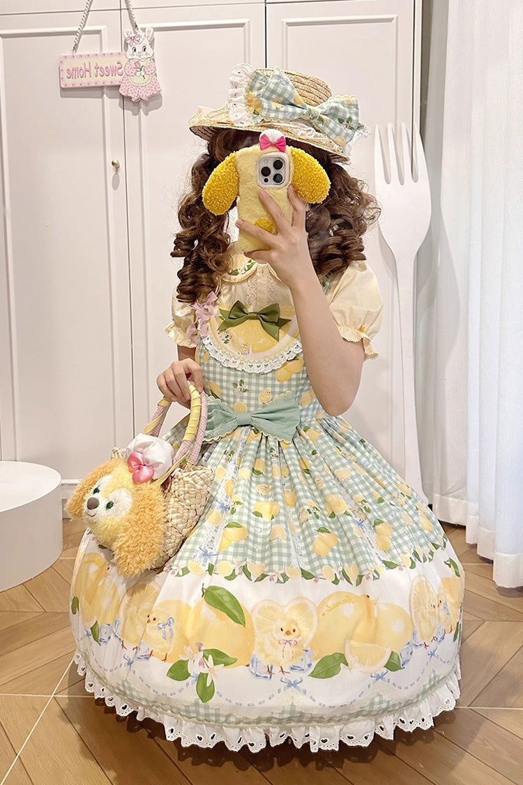 Lolita Jumper Skirt - Lemon Chicken, Green, Printed, Sweet Style, Bow Detail - additional product view 12