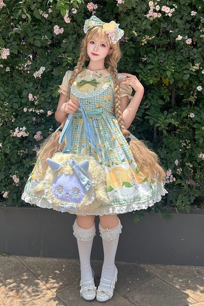 Lolita Jumper Skirt - Lemon Chicken, Green, Printed, Sweet Style, Bow Detail - main product image