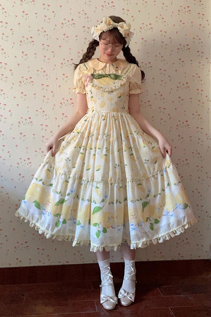 Lolita Jumper Skirt - Lemon Chicken, Yellow, Long Length, Ruffled, Printed - additional product view 9