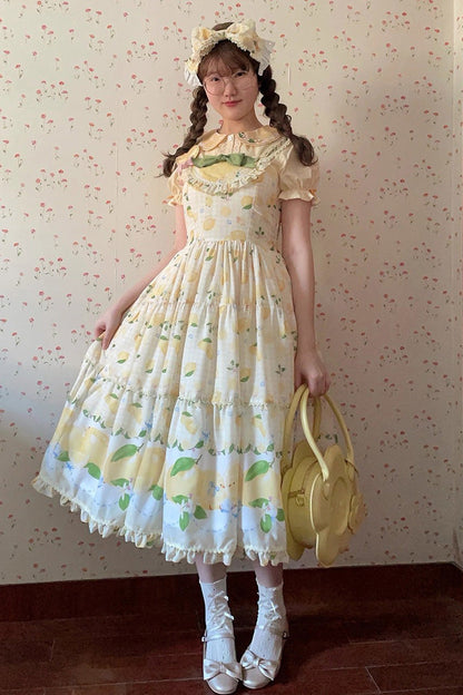 Lolita Jumper Skirt - Lemon Chicken, Yellow, Long Length, Ruffled, Printed - additional product view 10