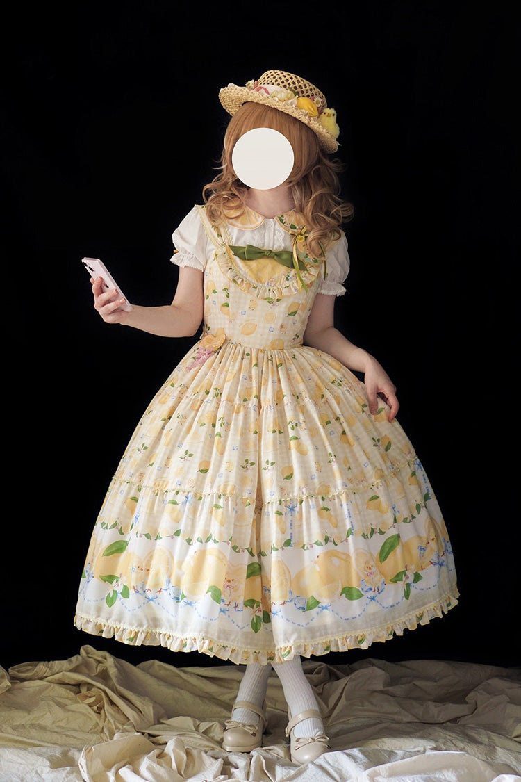 Lolita Jumper Skirt - Lemon Chicken, Yellow, Long Length, Ruffled, Printed - main product image