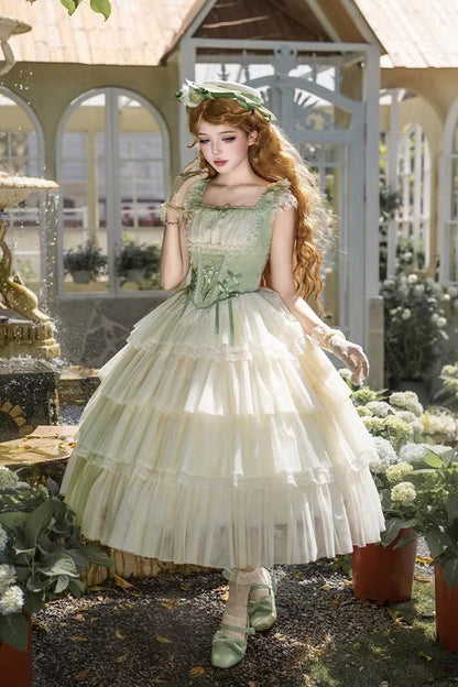 Lolita Jumper Skirt - Letters & Poems · Whisper Of, Green, Square Collar, Layered - S Green(Long) / M Green(Long) / L Green(Long) option