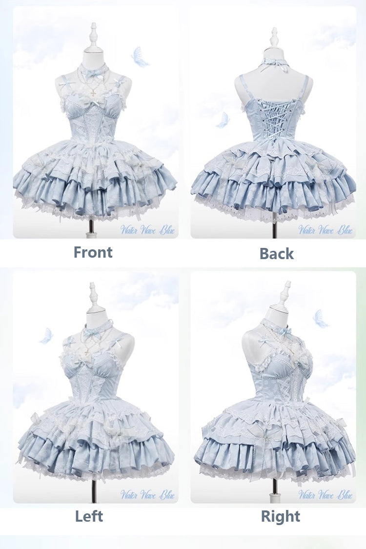 Lolita Jumper Skirt - Light Blue Halterneck, Blue, Bow Detail, Lace Trim, Ruffled - additional product view 4