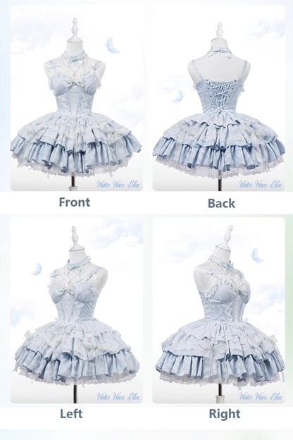 Lolita Jumper Skirt - Light Blue Halterneck, Blue, Bow Detail, Lace Trim, Ruffled - additional product view 4