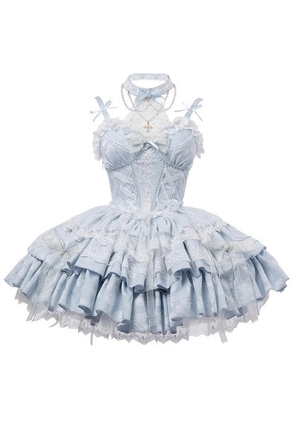 Lolita Jumper Skirt - Light Blue Halterneck, Blue, Bow Detail, Lace Trim, Ruffled - additional product view 5