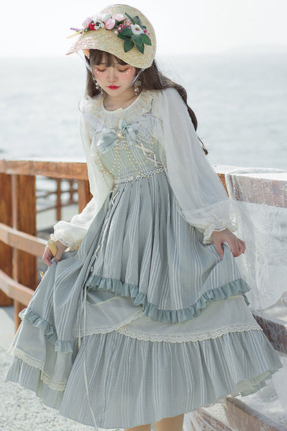 Lolita Jumper Skirt - Light Blue Ribbed Chiffon, Blue, Detachable Detail, Sweet Style - additional product view 2