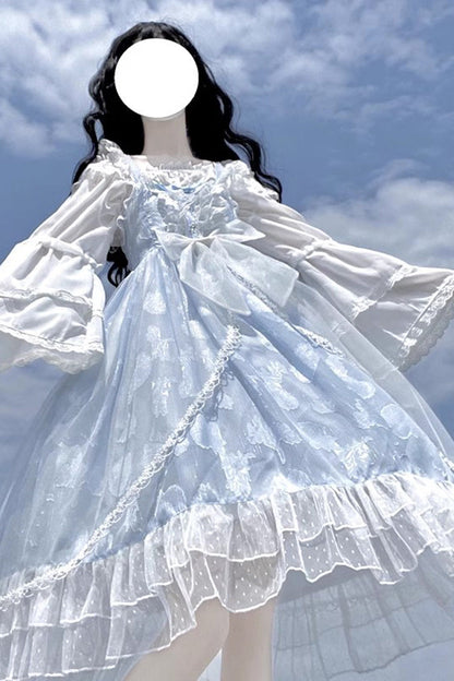 Lolita Jumper Skirt - Light Blue Shell Jacquard, Blue, Ruffled, Sweet Style, Bow Detail - additional product view 2