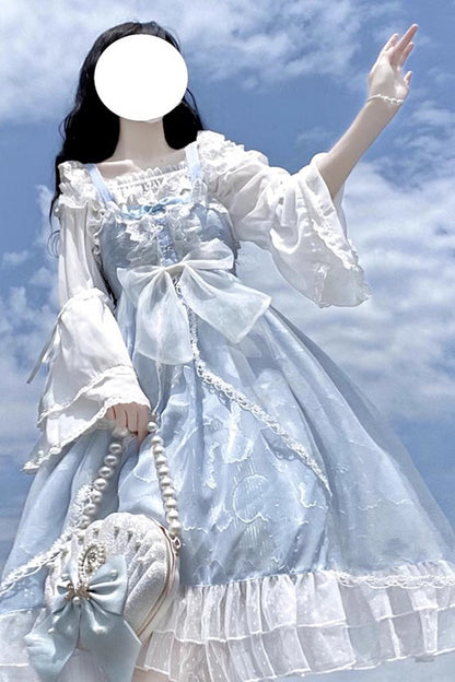 Lolita Jumper Skirt - Light Blue Shell Jacquard, Blue, Ruffled, Sweet Style, Bow Detail - additional product view 3