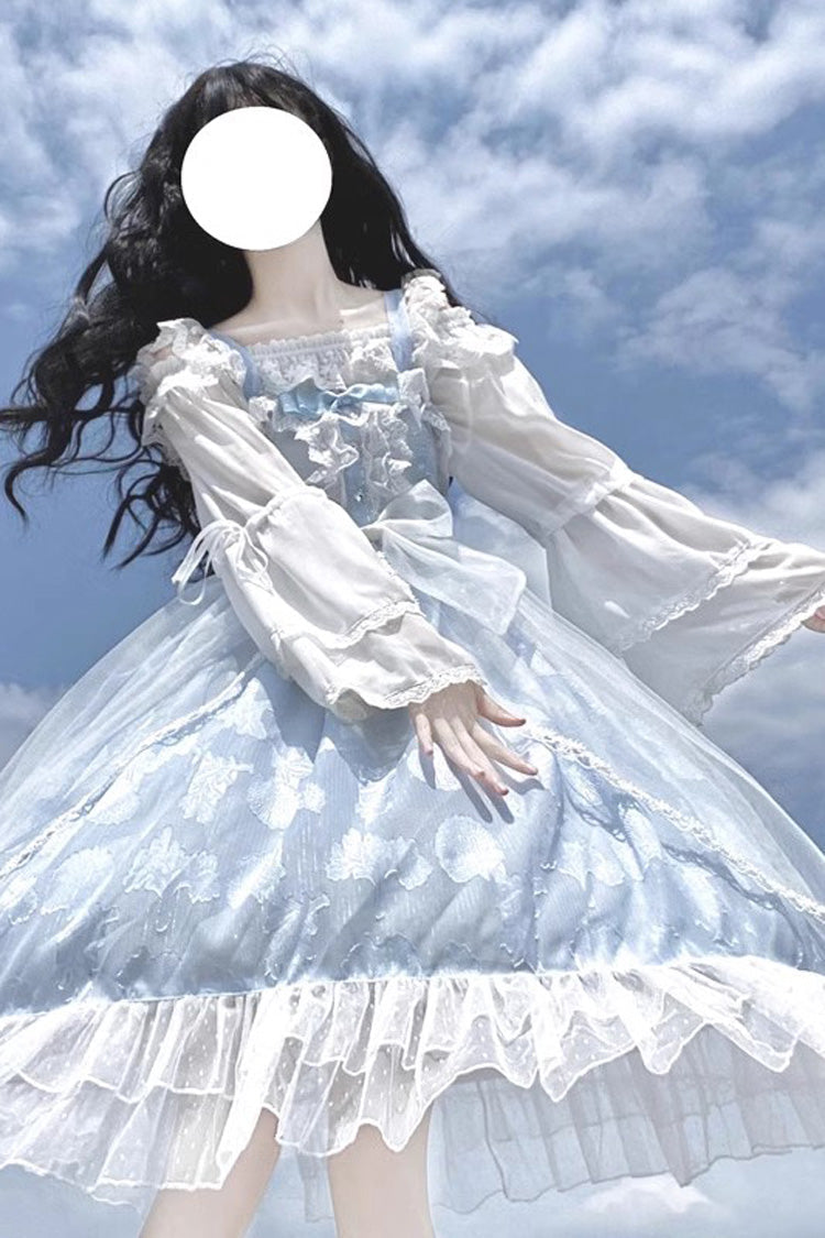 Lolita Jumper Skirt - Light Blue Shell Jacquard, Blue, Ruffled, Sweet Style, Bow Detail - additional product view 4