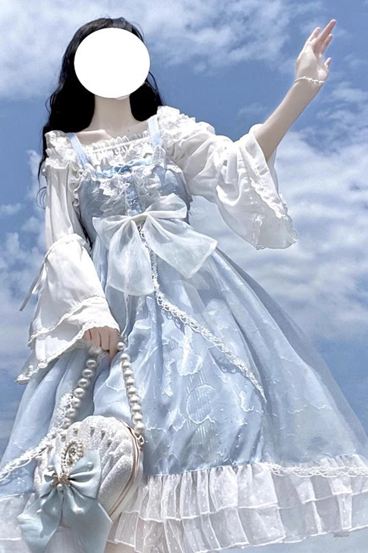 Lolita Jumper Skirt - Light Blue Shell Jacquard, Blue, Ruffled, Sweet Style, Bow Detail - additional product view 5