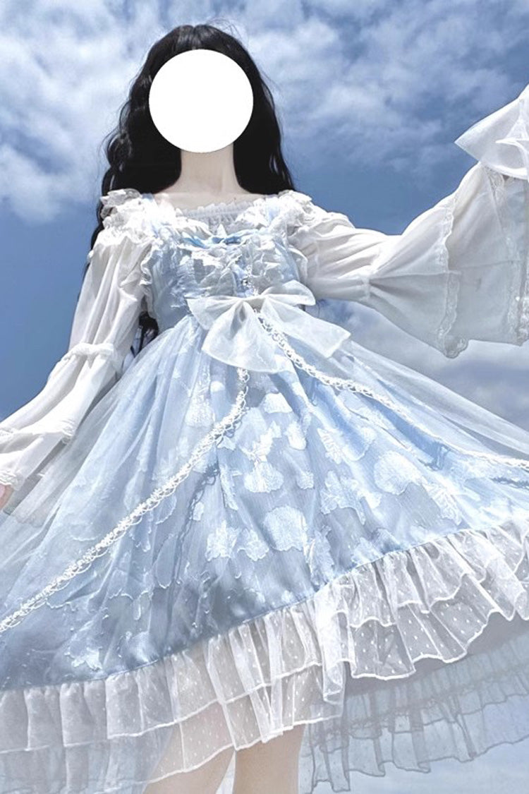 Lolita Jumper Skirt - Light Blue Shell Jacquard, Blue, Ruffled, Sweet Style, Bow Detail - additional product view 6