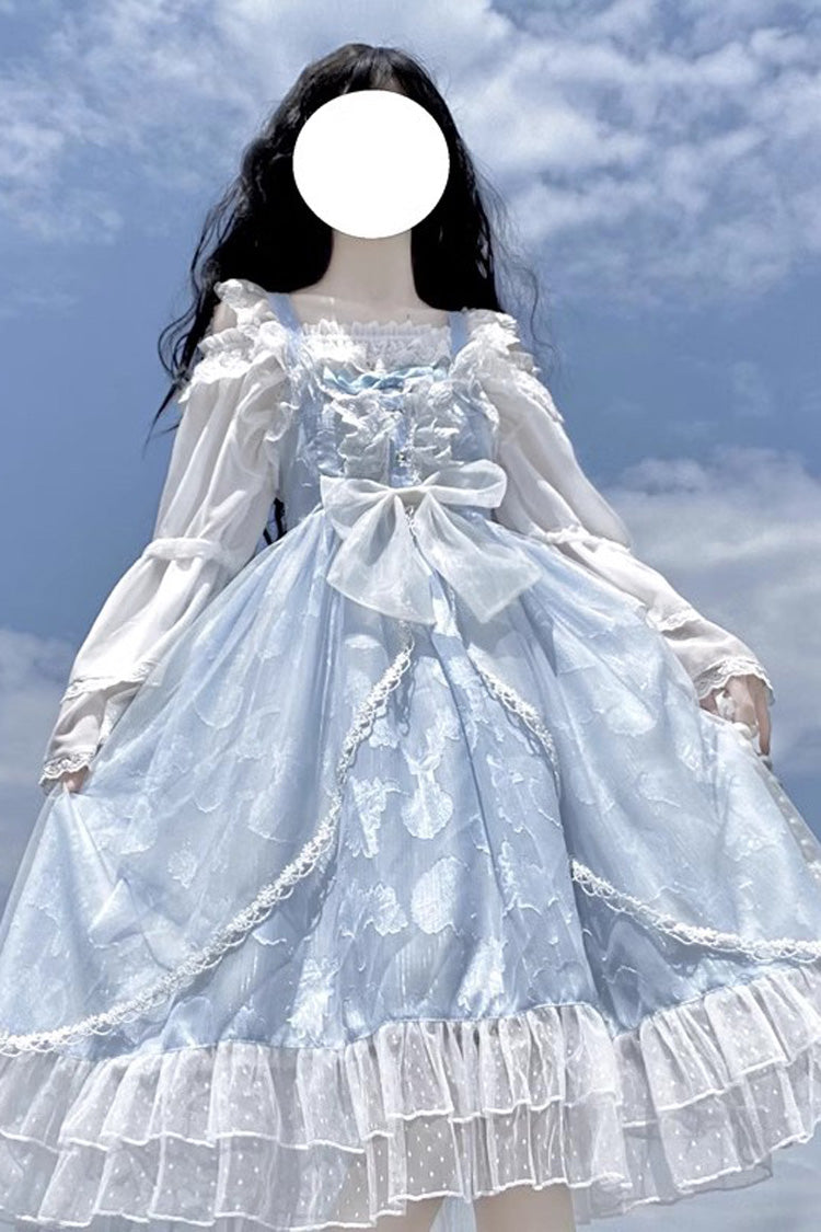 Lolita Jumper Skirt - Light Blue Shell Jacquard, Blue, Ruffled, Sweet Style, Bow Detail - main product image