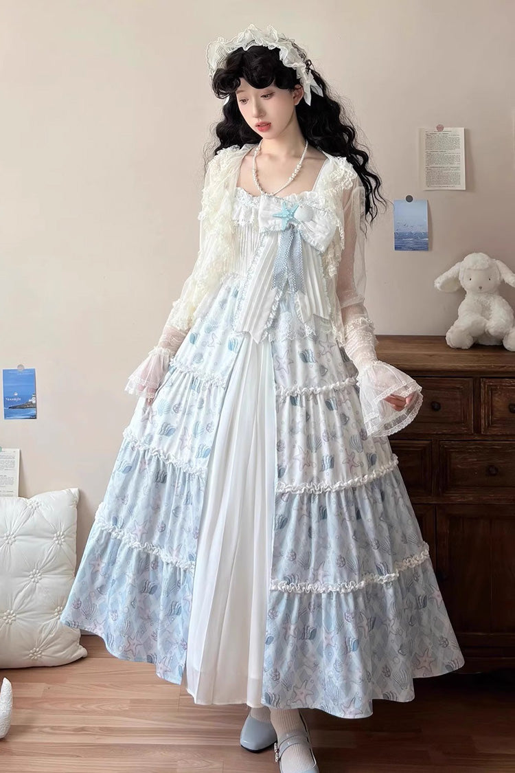 Lolita Jumper Skirt - Light Blue Shell Print Cardigan, Blue, Bow Detail, Printed - additional product view 4