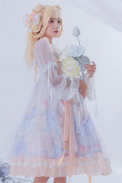 Lolita Jumper Skirt - Light Blue Violin Cat Print, Blue, High Waist, Sweet Style - additional product view 3