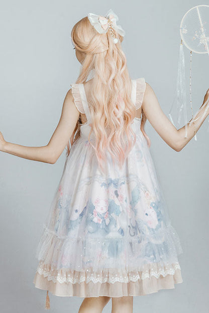 Lolita Jumper Skirt - Light Blue Violin Cat Print, Blue, High Waist, Sweet Style - additional product view 5