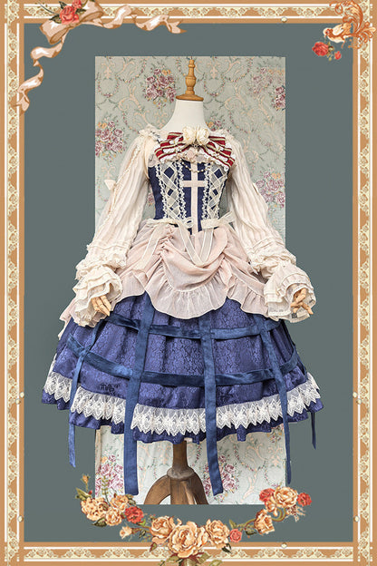 Lolita Jumper Skirt - Lilith’s Cage, 2 Colors, Lace-Up, Gothic Style, Bow Detail - S Blue / M Blue / L Blue option