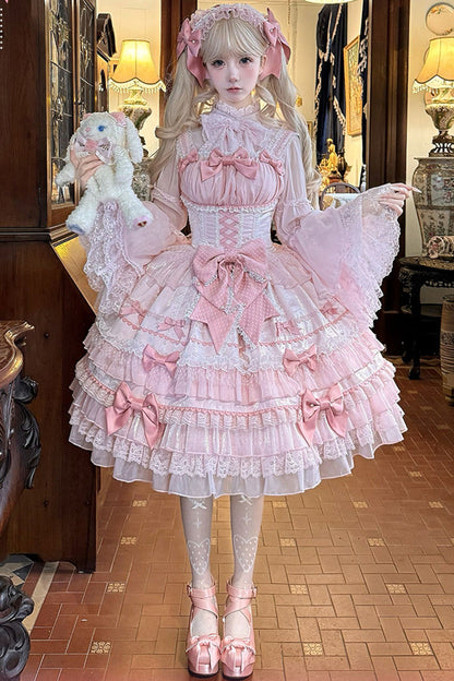 Lolita Jumper Skirt - Little Lovetine, Pink, Bow Detail, Lace Trim, Ruffled - additional product view 3